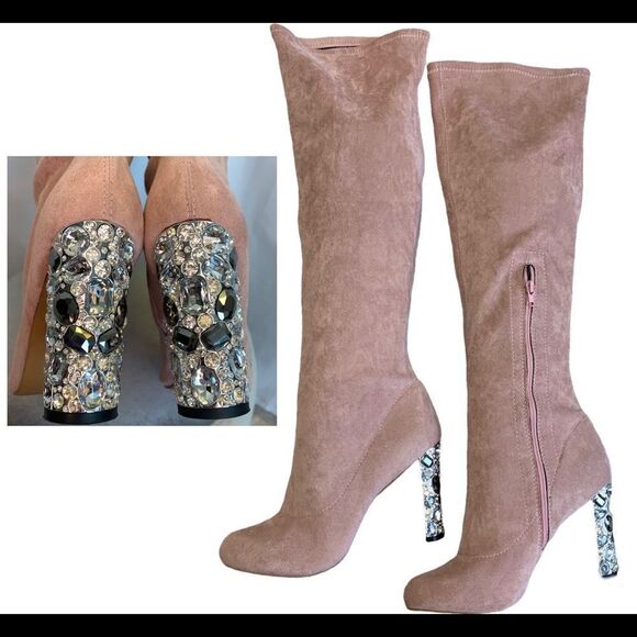 Shoes - Faux Suede Over Knee Boots Rhinestone Block High Heel Stretch Thigh Boot pink 🔥